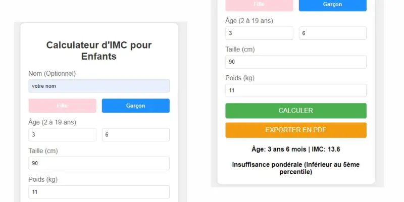 Capture d'écran du calculateur d'IMC