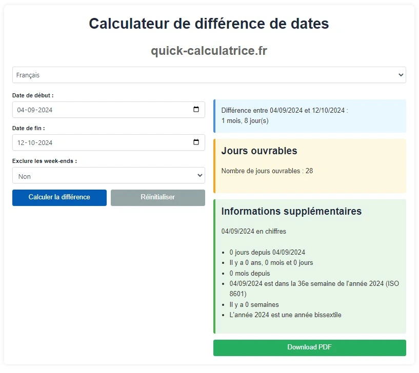 Interface du Calculateur de Différence de Dates